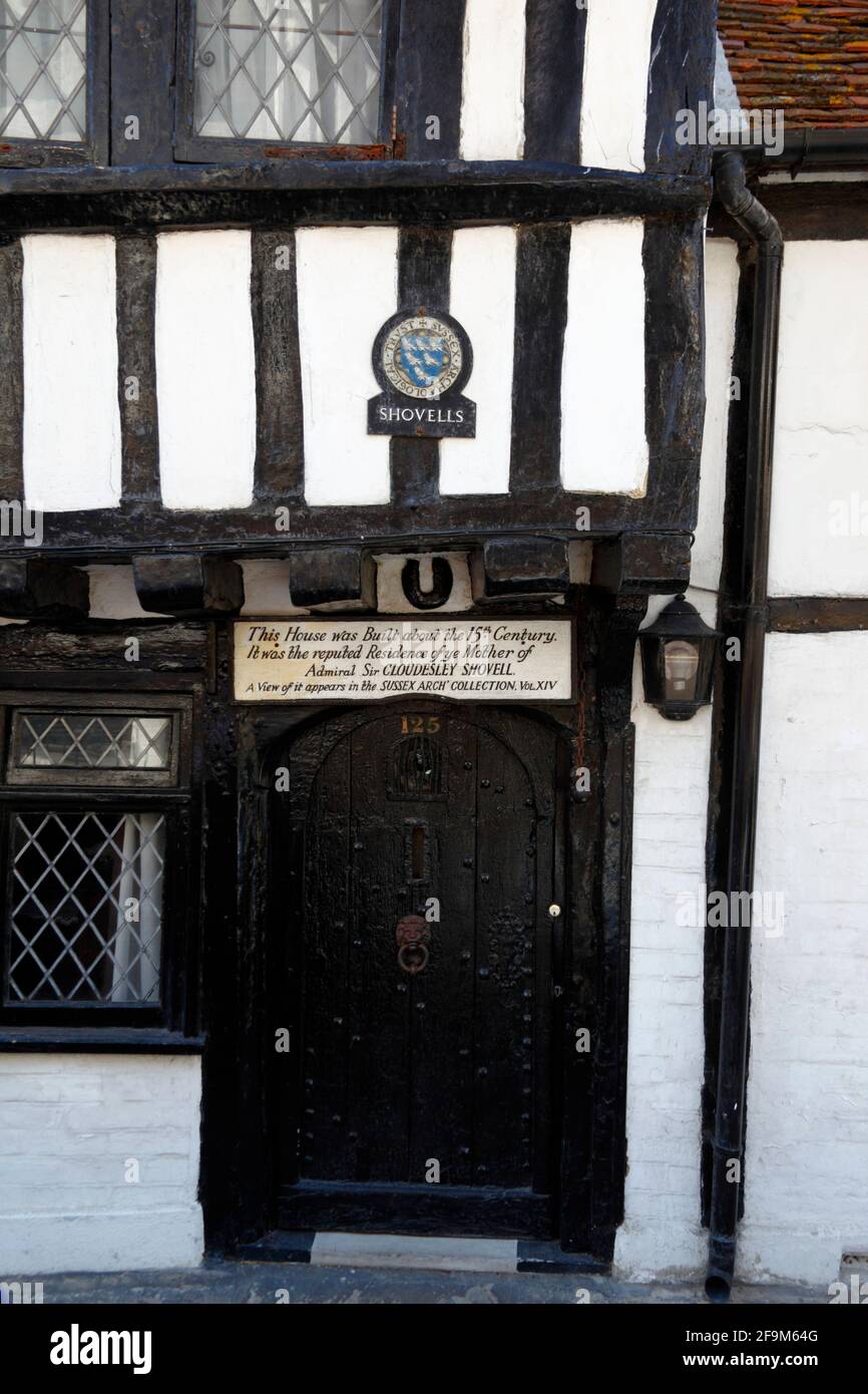 Detail of doorway of Shovells, a historic timber framed house at 125 All Saints Street in the Old Town, Hastings, East Sussex, England Stock Photo