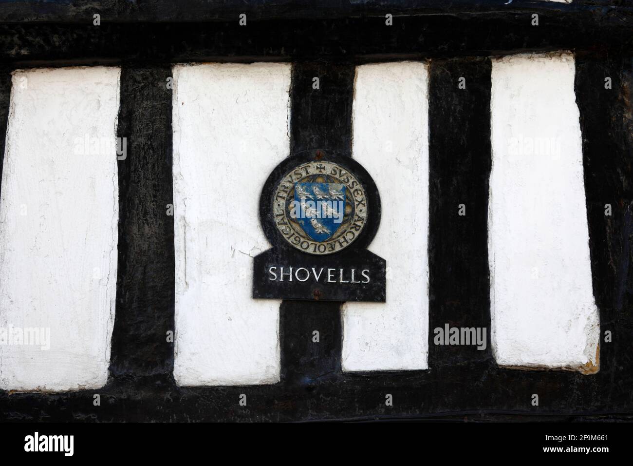 Detail of Sussex coat of arms on Shovells, a historic timber framed house in All Saints Street in the Old Town, Hastings, East Sussex, England Stock Photo