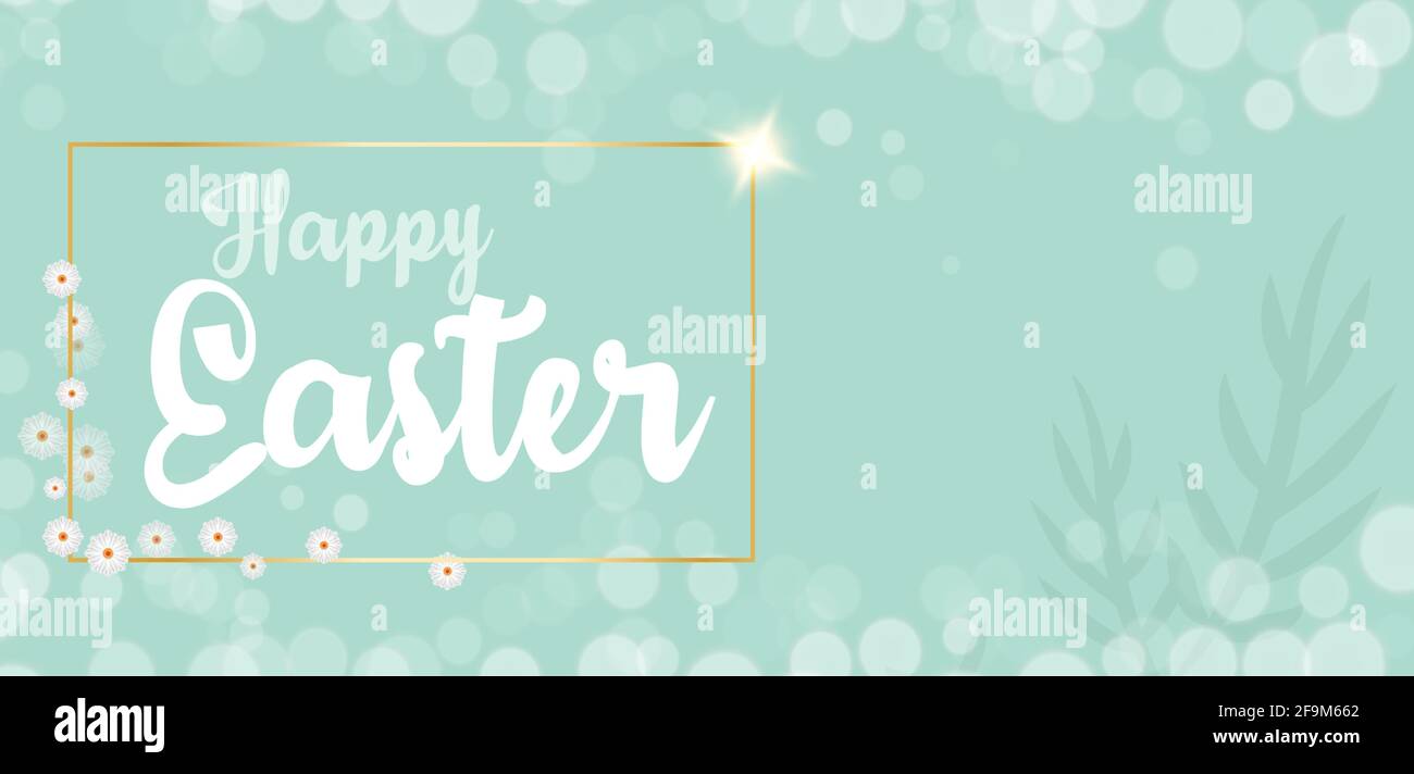 Easter greeting card. Background with spring flowers and tree branches in light pastel turquoise color. Festive design for greeting cards. Stock Vector