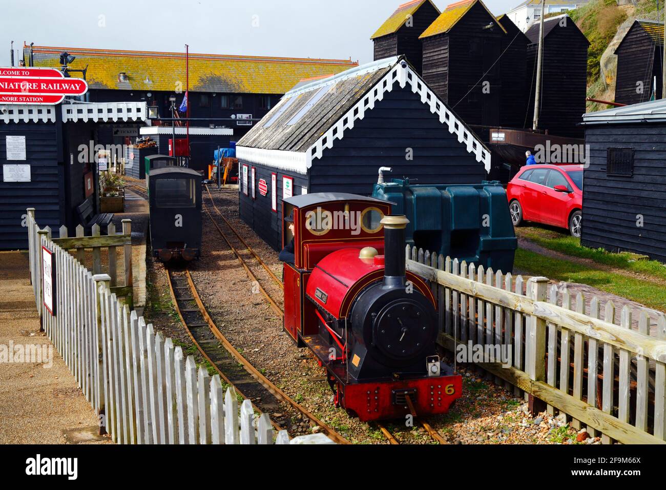 Steam engine at Rock-a-Nore station on Hastings Miniature Railway, Hastings, East Sussex, England Stock Photo