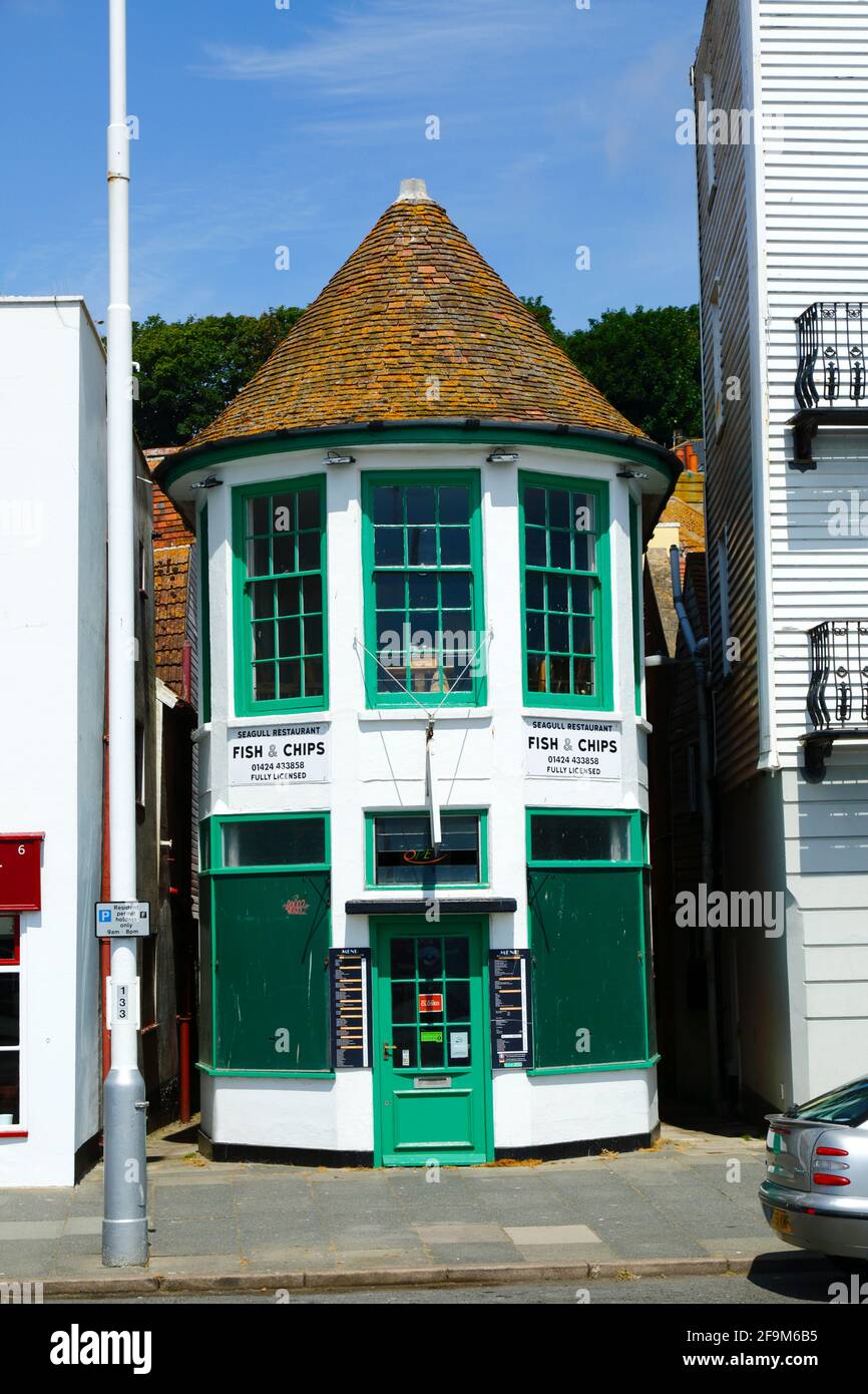 The Seagull fish and chips restaurant on sea front, Hastings, East Sussex, England Stock Photo