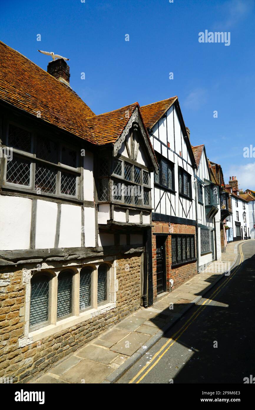 Quaint historic timber framed houses in All Saints Street  in the Old Town, Hastings, East Sussex, England Stock Photo