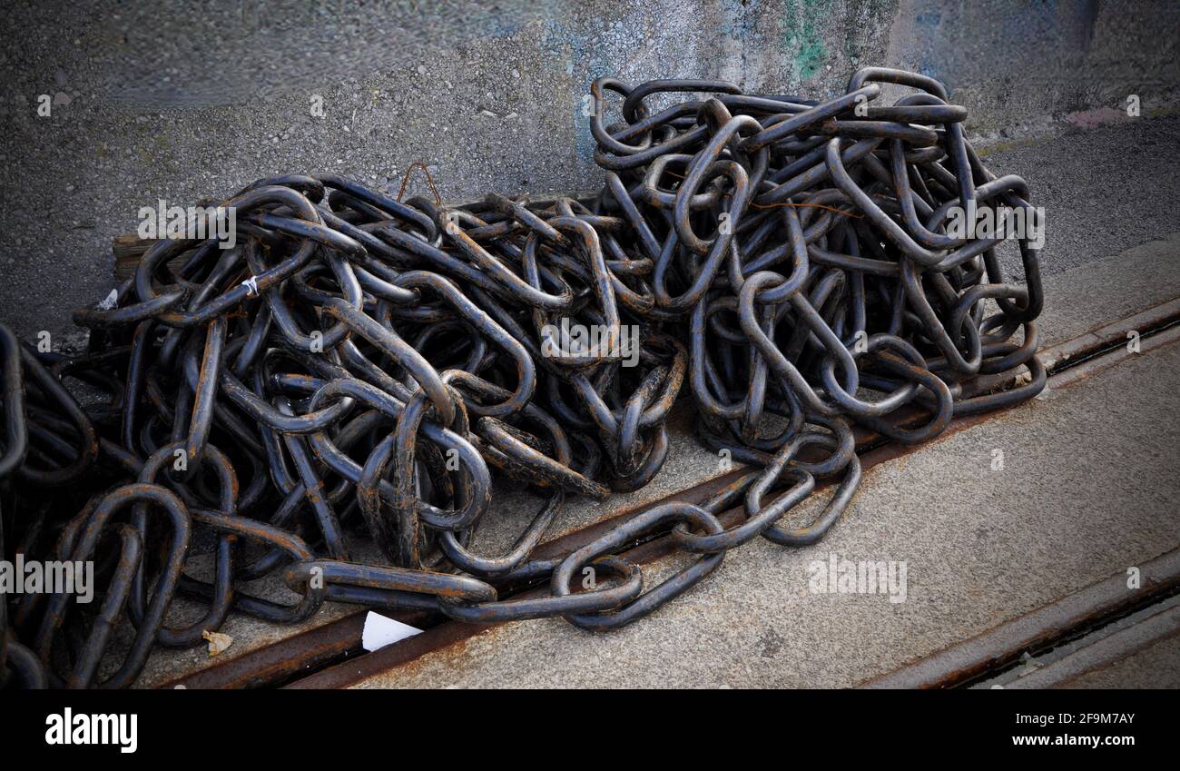 Rusty chain. Closeup photo. Marine equipment. Rusted metallic chains