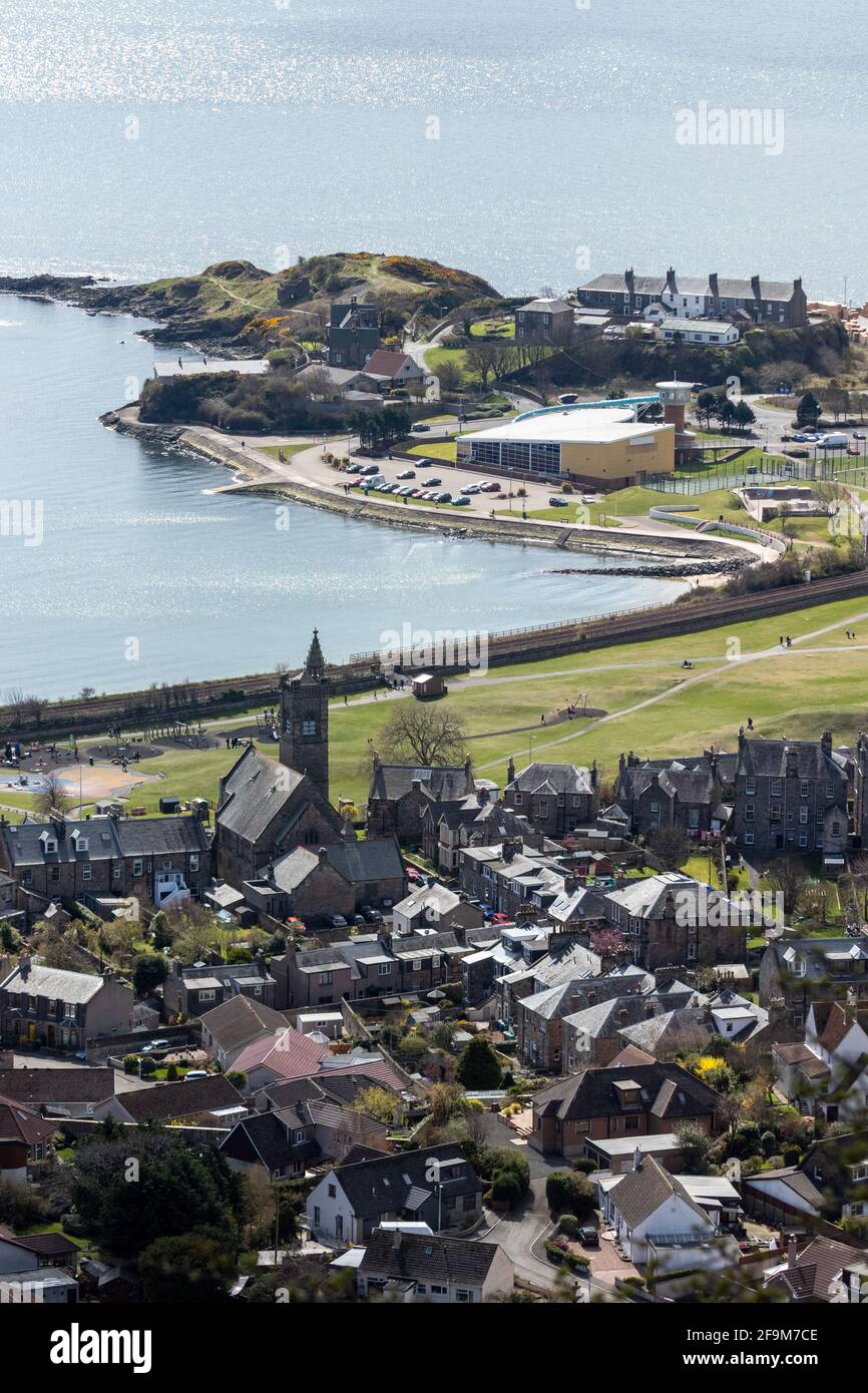 Looking down to the town centre of Burntisland and the Swimming pool from the Binn Hill, Fife Scotland. Stock Photo