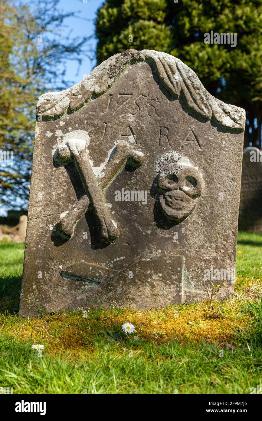 Close up of a carved headstone in Culross West Kirk Church in Fife featured in season one of the Outlander TV series Stock Photo
