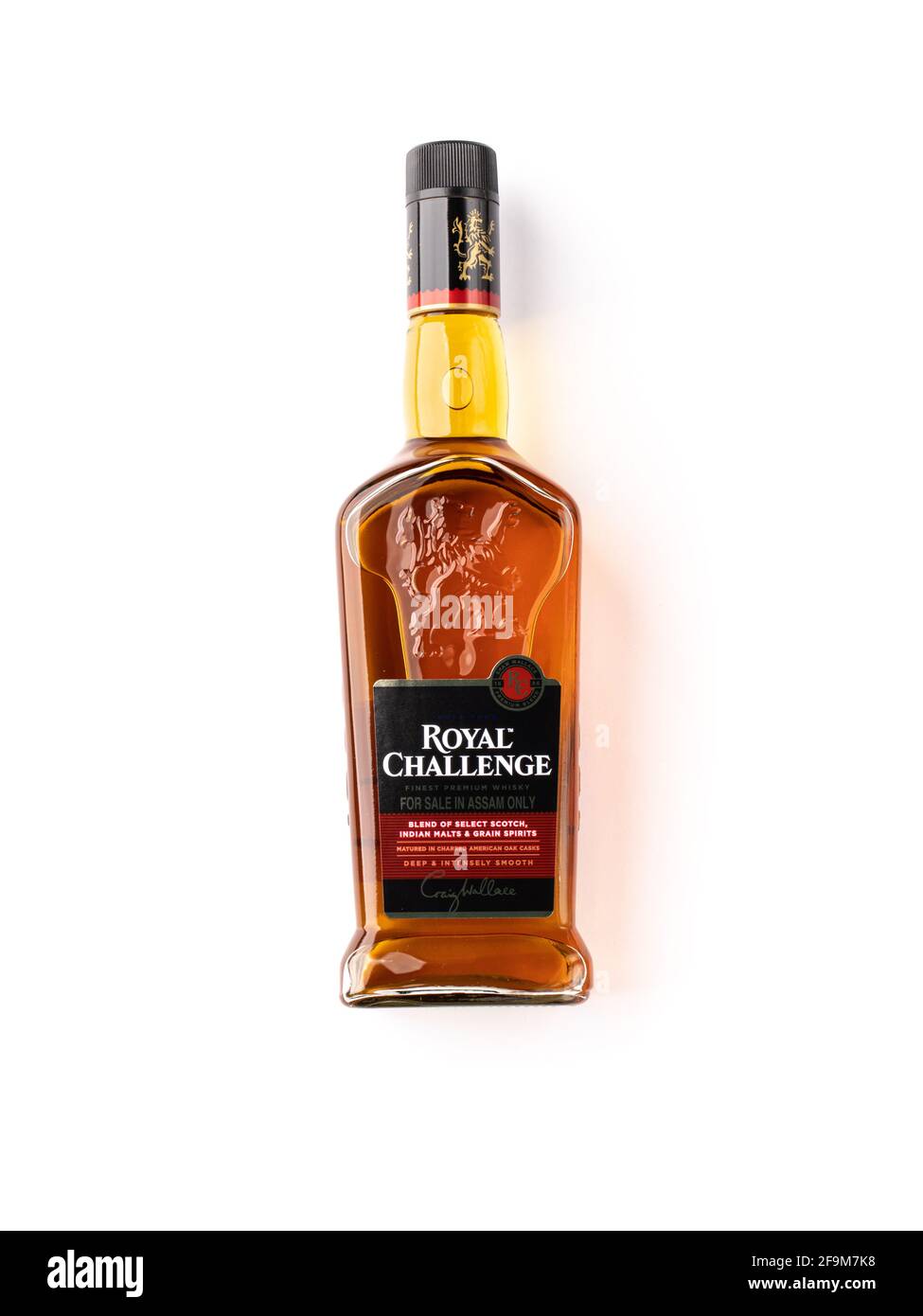 Assam, india - April 18, 2021 : Royal challenge whisky bottle stock image. Stock Photo
