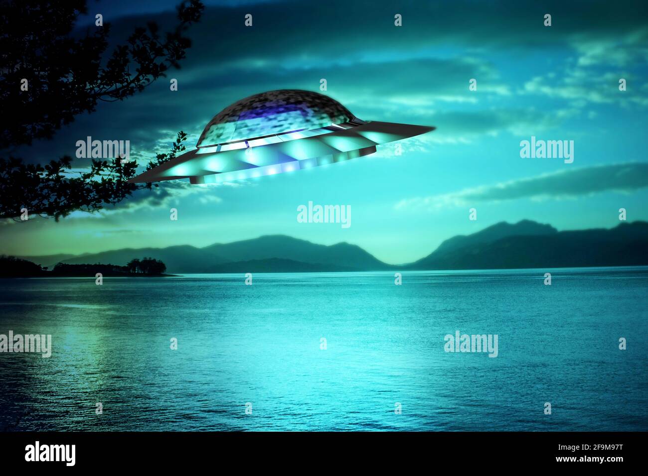 UFO. Unidentified flying object in the night. Stock Photo