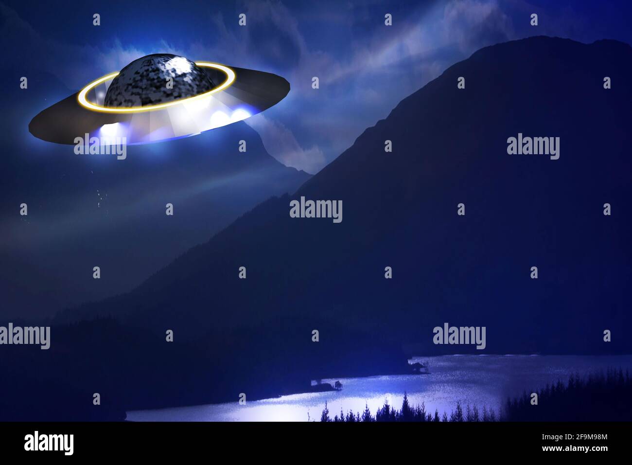 UFO. Unidentified flying object in the night. Stock Photo