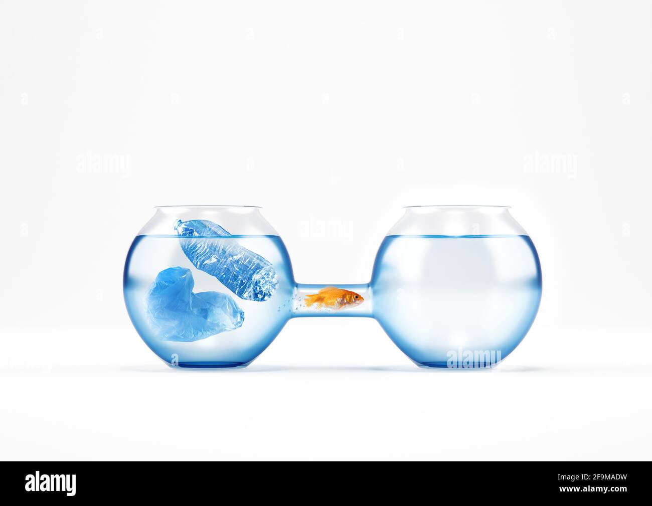 Red fish migrates from polluted to clean cruet. Concept of plastic