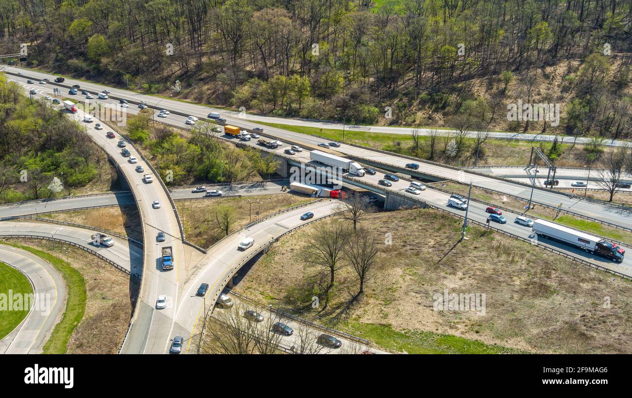 Over turned truck accident on highway ramp, Pennsylvania, USA Stock