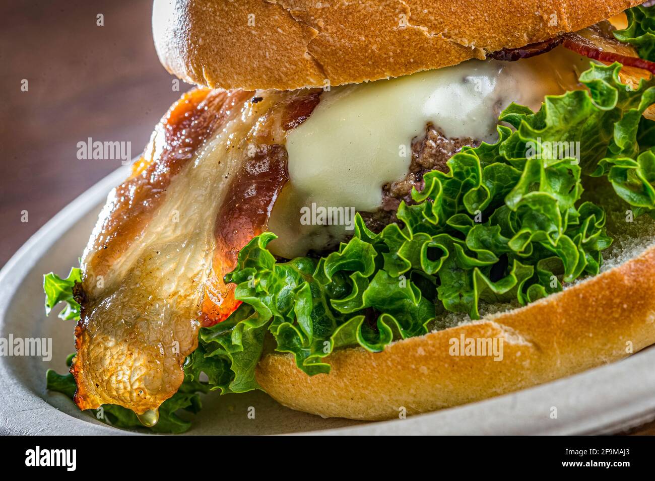 Bacon Cheeseburger Detail Stock Photo