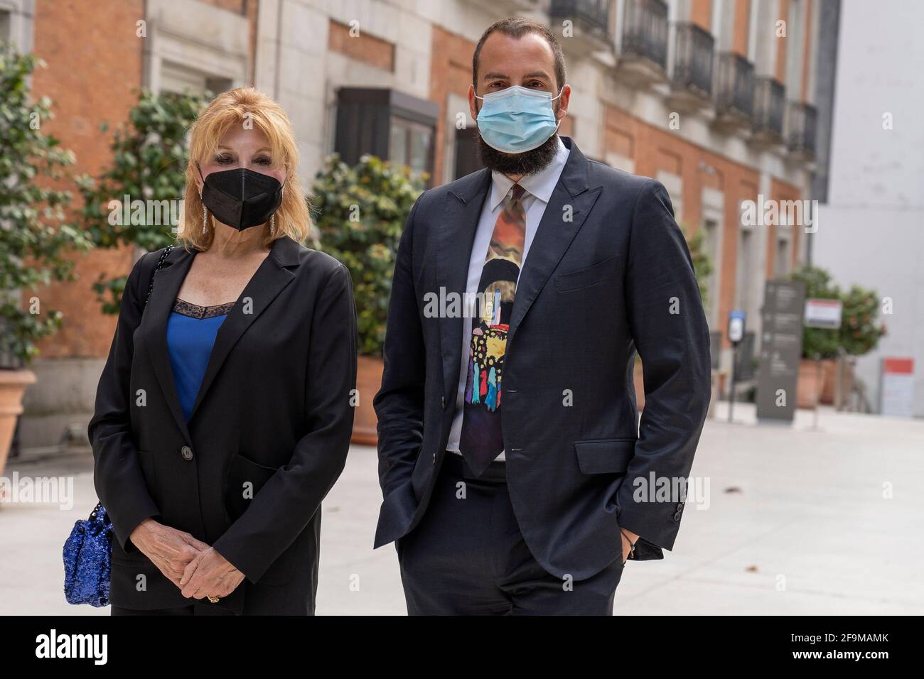 Baroness Thyssen (Carmen Cervera) and her son Borja Thyssen pose during the opening of the Georgia O'Keeffe exhibition at the Thyssen-Bornemisza National Museum in Madrid. Stock Photo