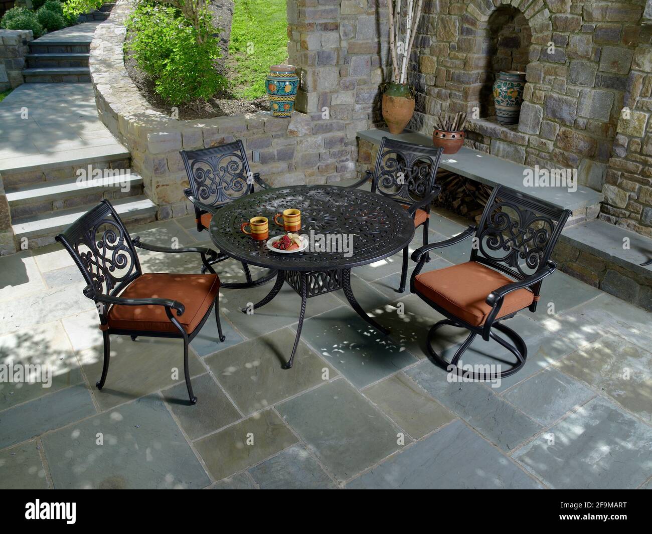 Outdoor furniture on stone patio, Pennsylvania, USA Stock Photo Alamy