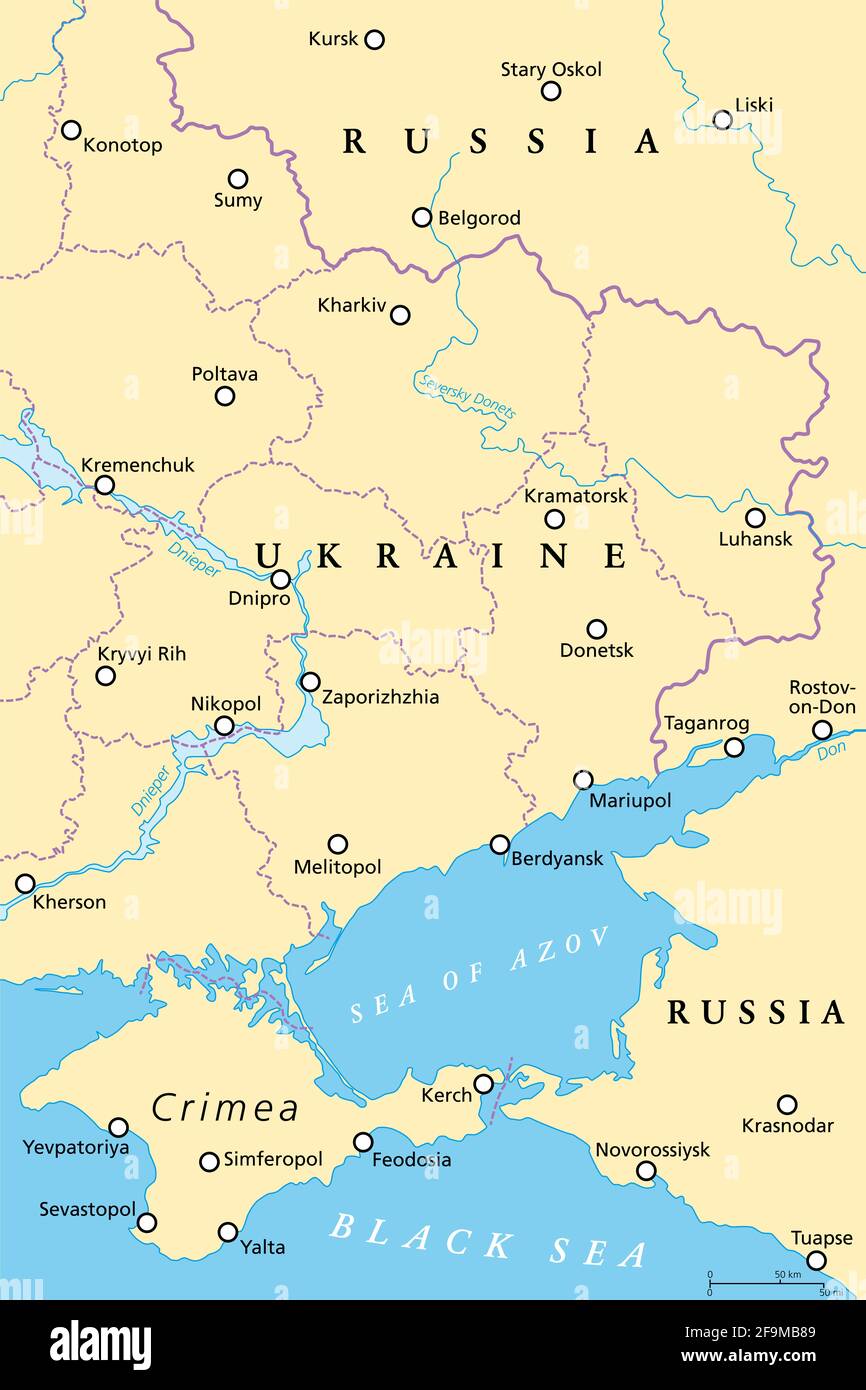 Eastern Ukraine political map. The Crimea, a peninsula on the coast of Black Sea, and the Donbass, formed by Donetsk and Luhansk region. Stock Photo