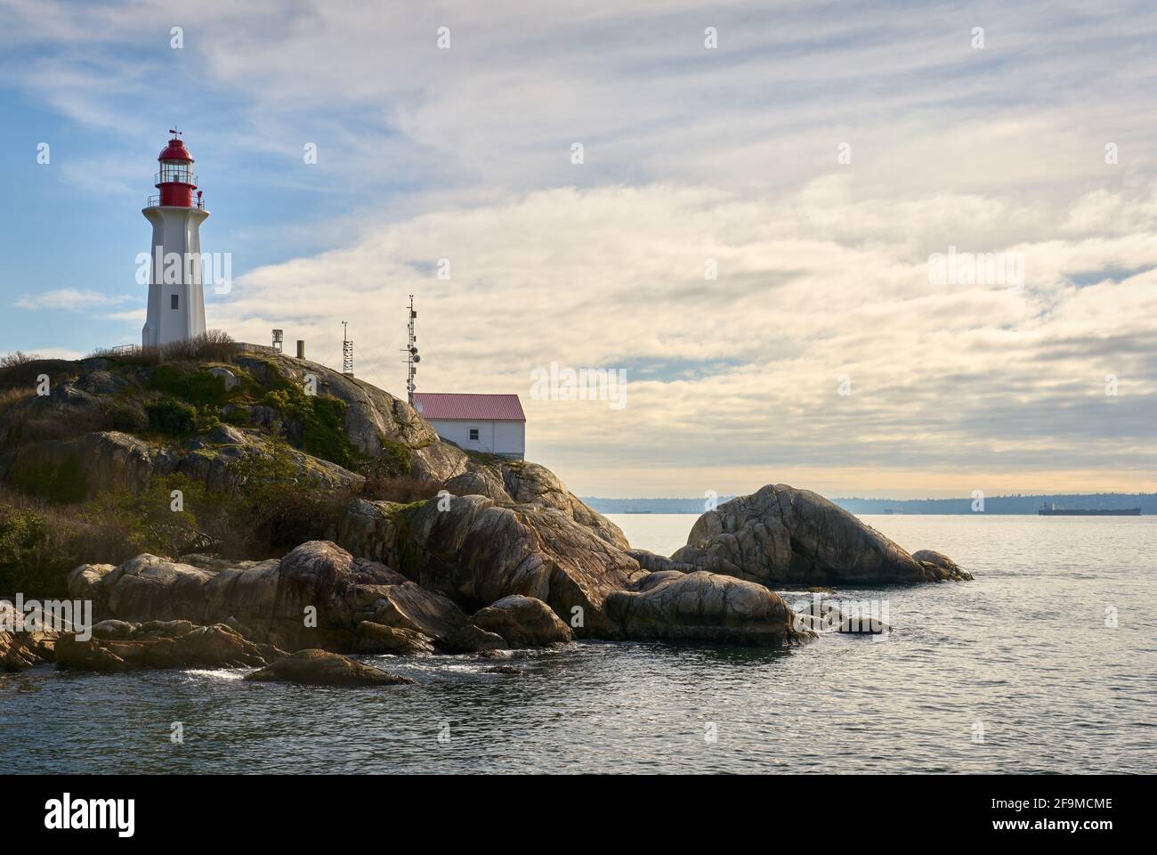 Point Atkinson Lighthouse and Park. Historic Point Atkinson Lighthouse, overlooking Georgia Strait. Vancouver, British Columbia, Canada. Stock Photo