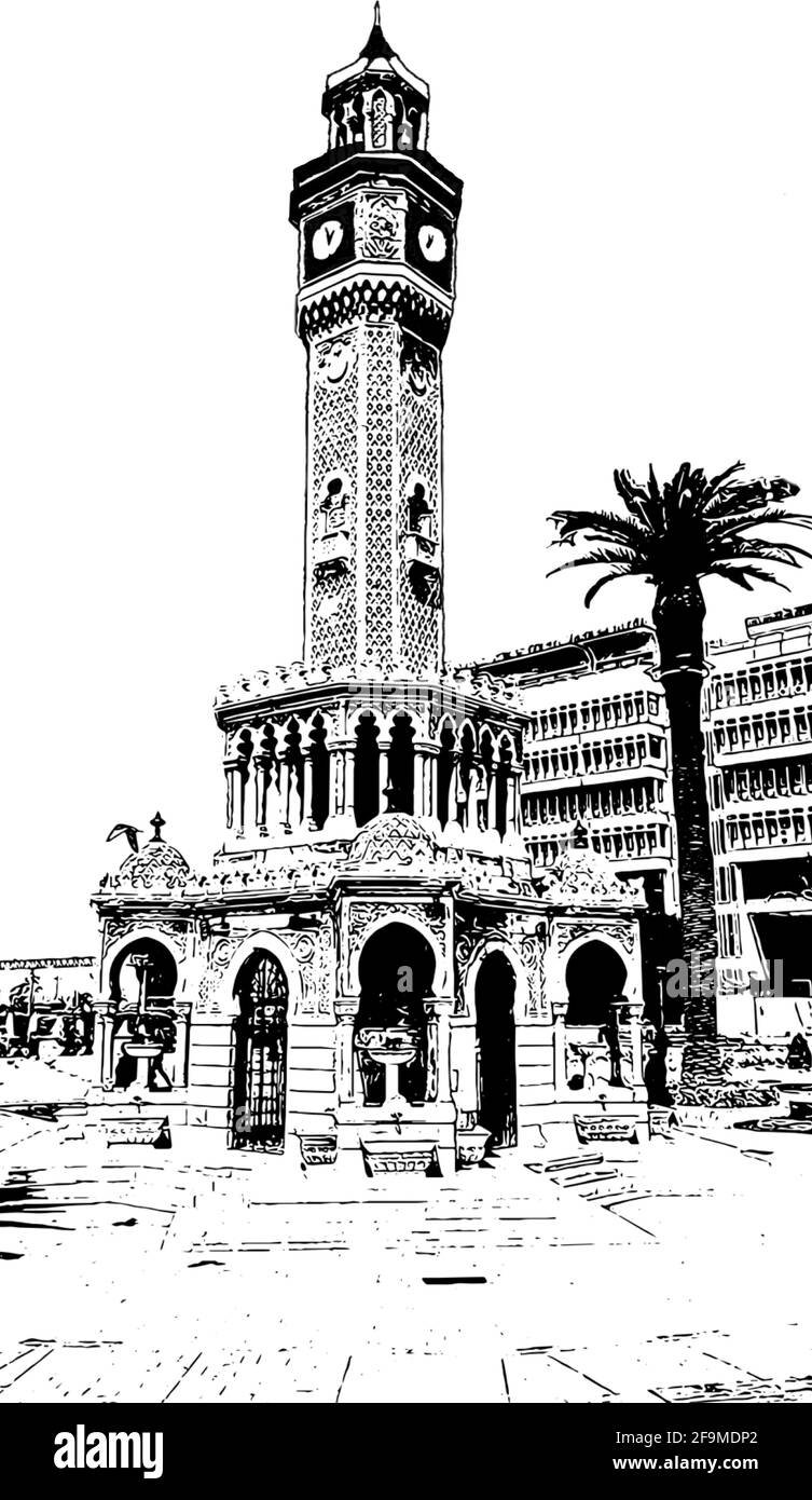 Clock Tower at the Konak Square, izmir Turkey built to honor the Ottoman Sultan, Abdulhamit II. Stock Vector