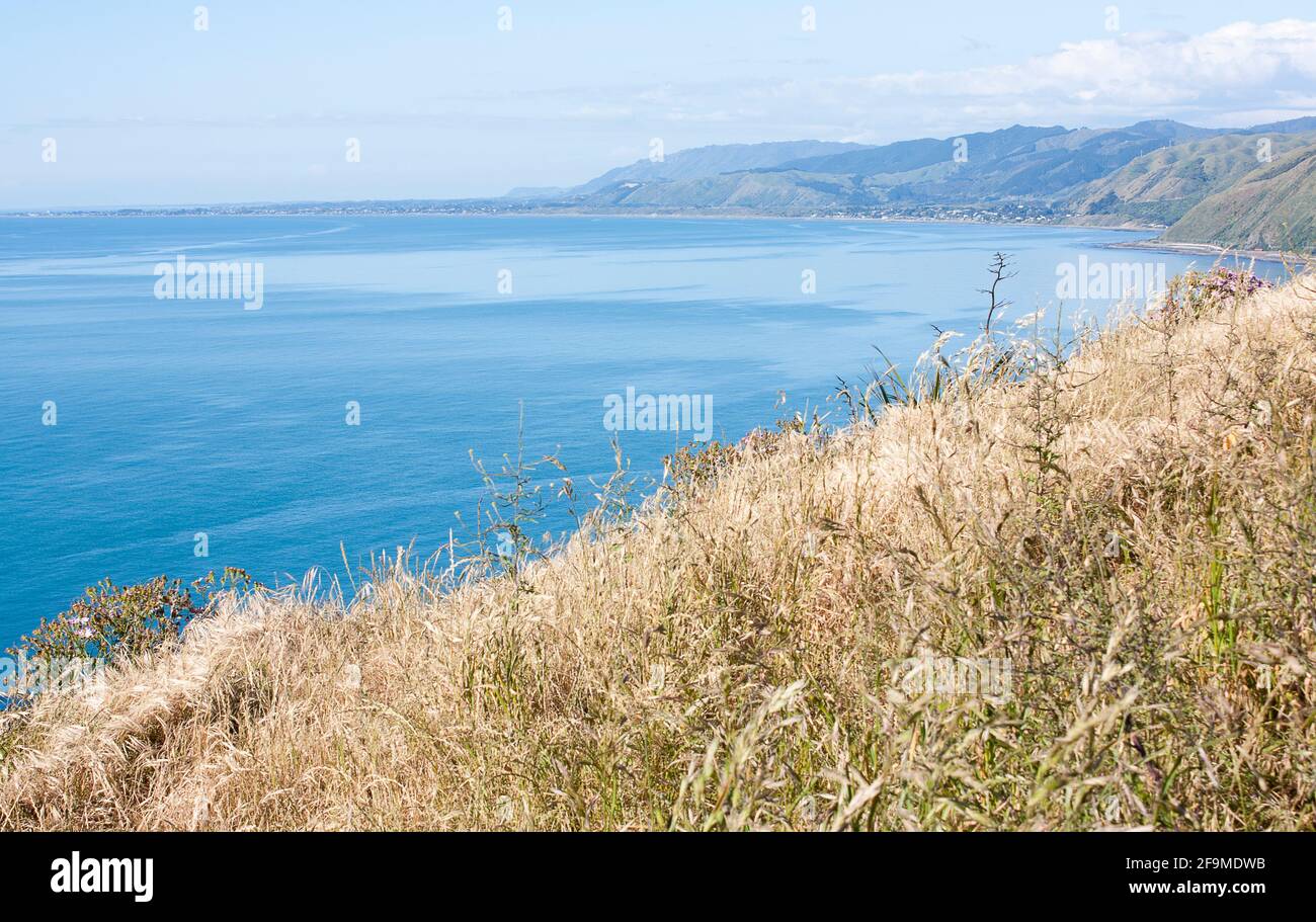 View across Pukerua Bay looking north. Kapiti, New Zealand. Stock Photo