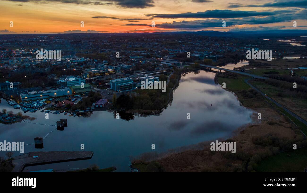 Aerial view of Galway city from Woodquay, with river Corrib, and NUIG Rowing Club. Stock Photo