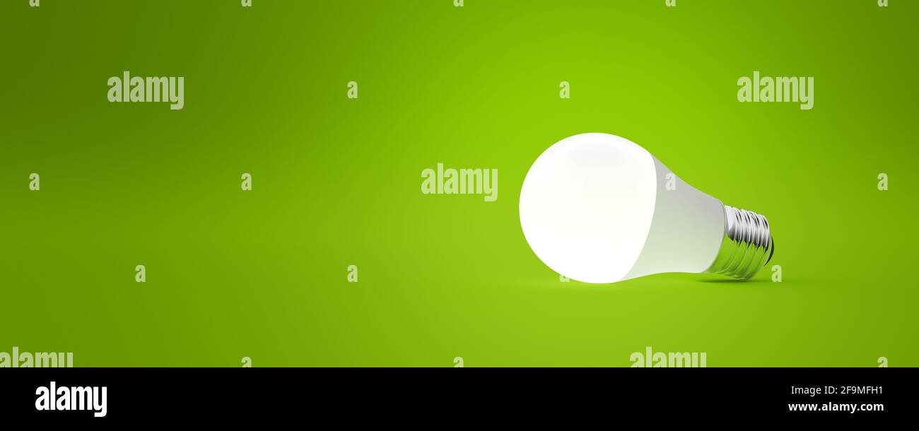 LED light bulb isolated on green background. Bright light. Light-emitting diodes. Energy-efficient. Ecological concept. 3d illustrator. Stock Photo