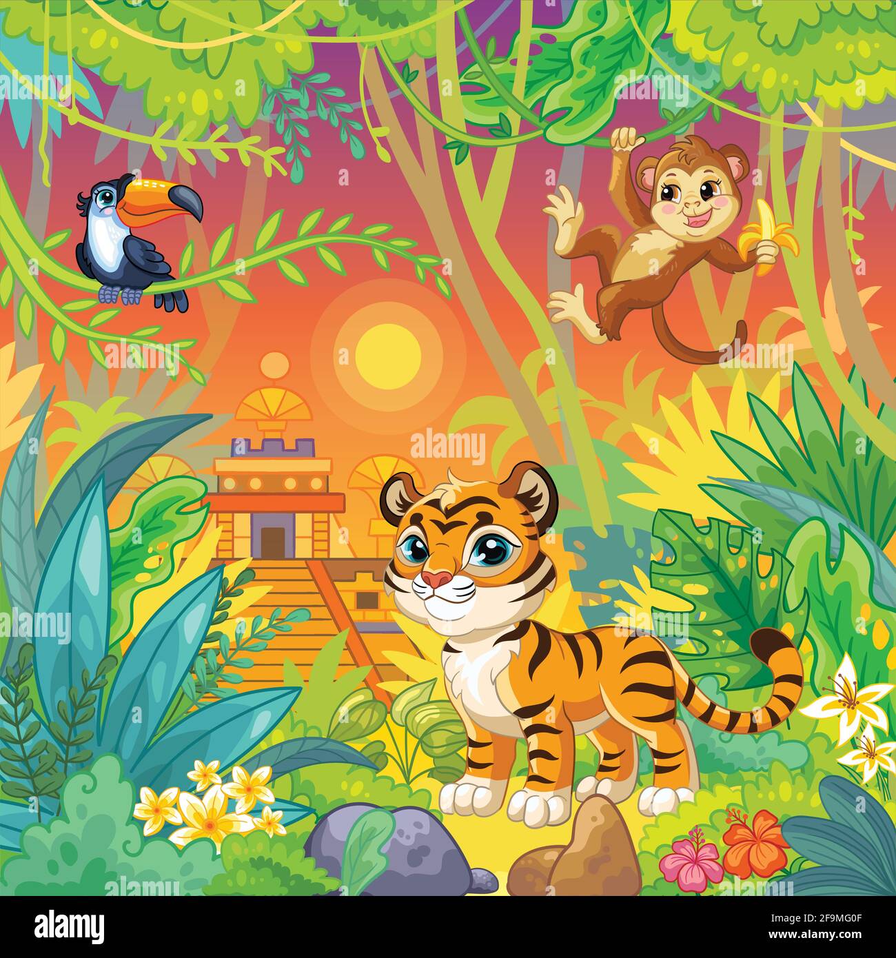 Jungle cartoon background with cute wild animals toucan, monkey and tiger. Vector illustration. For print, design, posters, cards, stickers, puzzle, d Stock Vector Image & Art - Alamy Jungle cartoon background with cute wild animals toucan, monkey and tiger. Vector illustration. For print, design, posters, cards, stickers, puzzle, d Stock Vector Image & Art - Alamy