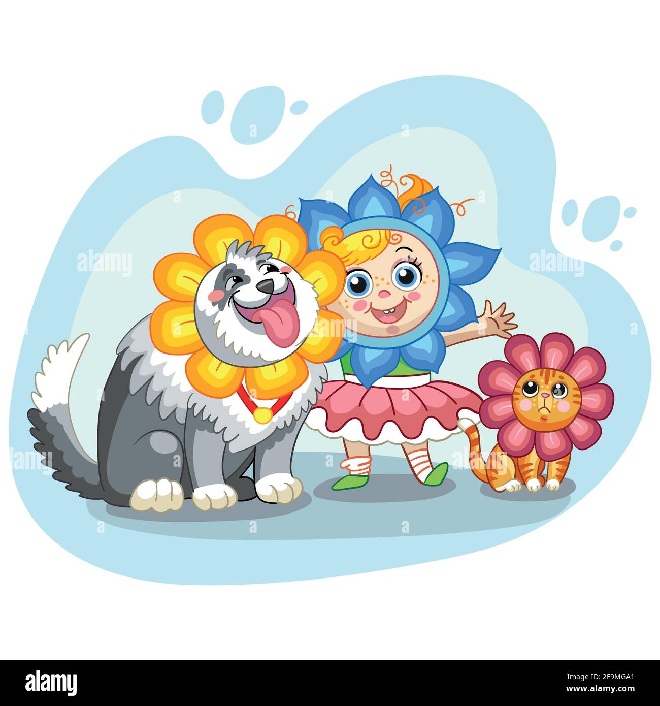Cute girl, cat and dog with headgear in forme of flowers. Cartoon characters. Vector isolated illustration. For print and design, posters, nursery des Stock Vector