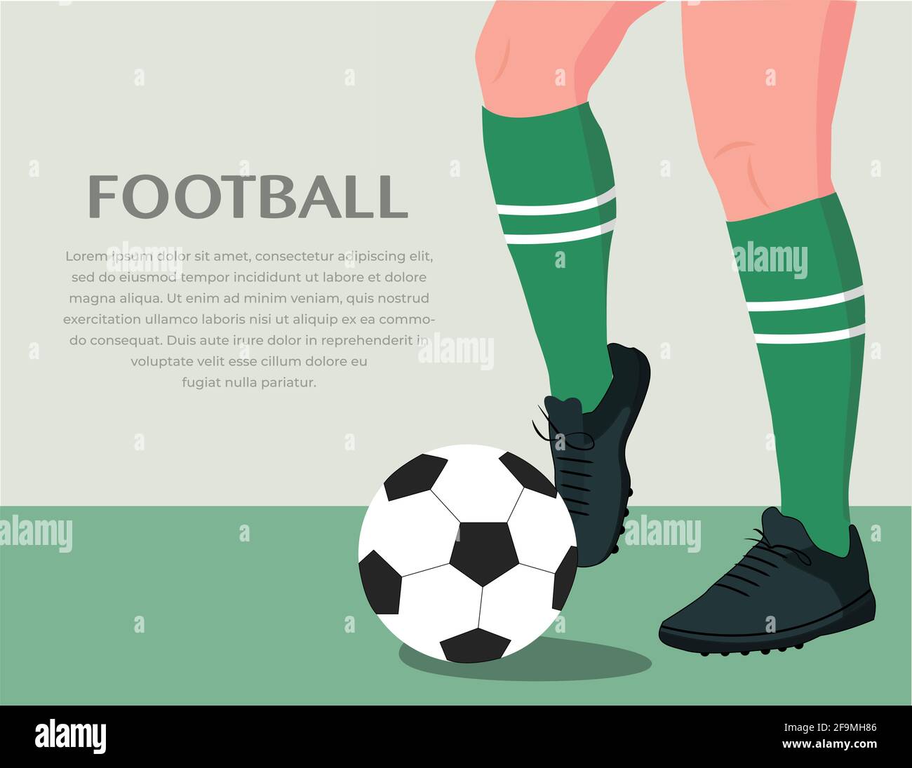 Banner of Soccer concept, Kicking Ball. Illustration of football player playing ball. Soccer player hits a ball. close up legs and feet of football pl Stock Vector