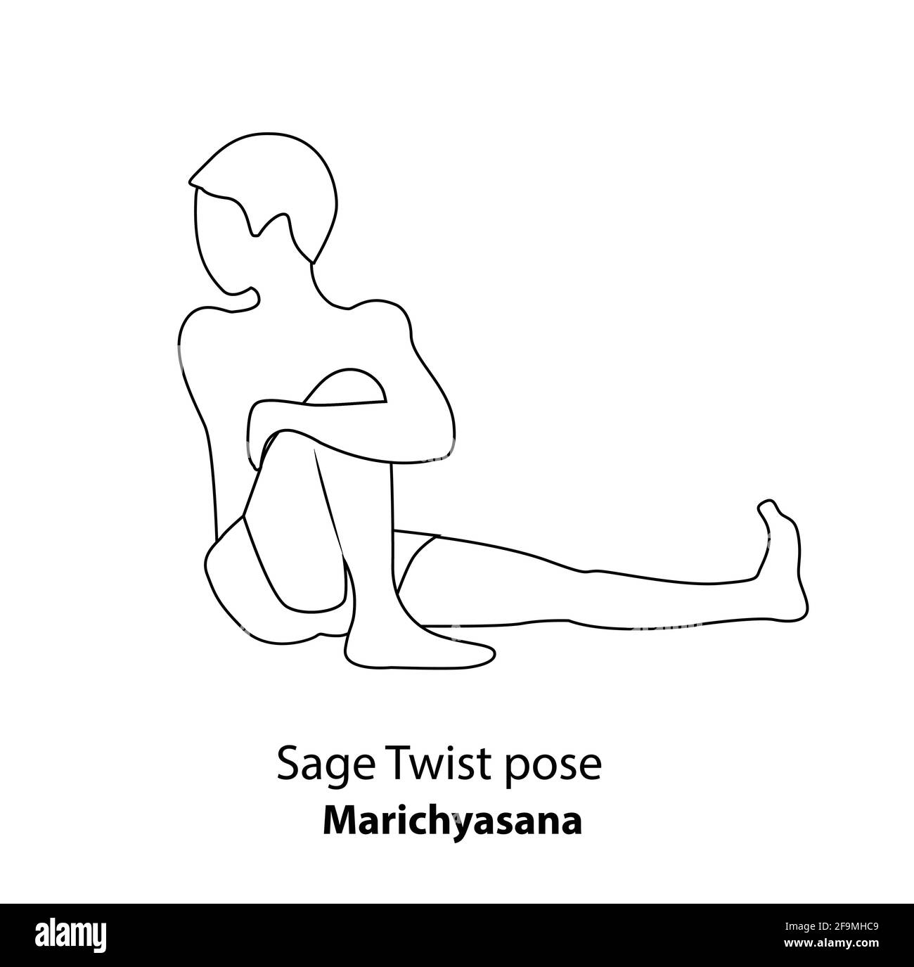 Man practicing yoga pose isolated outline Illustration. Man standing in saga twist pose or marichyasana pose, Yoga Asana line icon Stock Vector