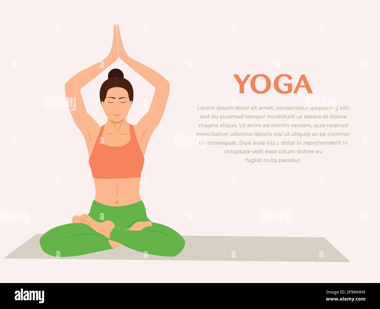 Woman practicing yoga fitness gymnastics. Banner with illustration of woman doing yoga asana or pilates exercise on mat Vector Illustration. Girl stan Stock Vector