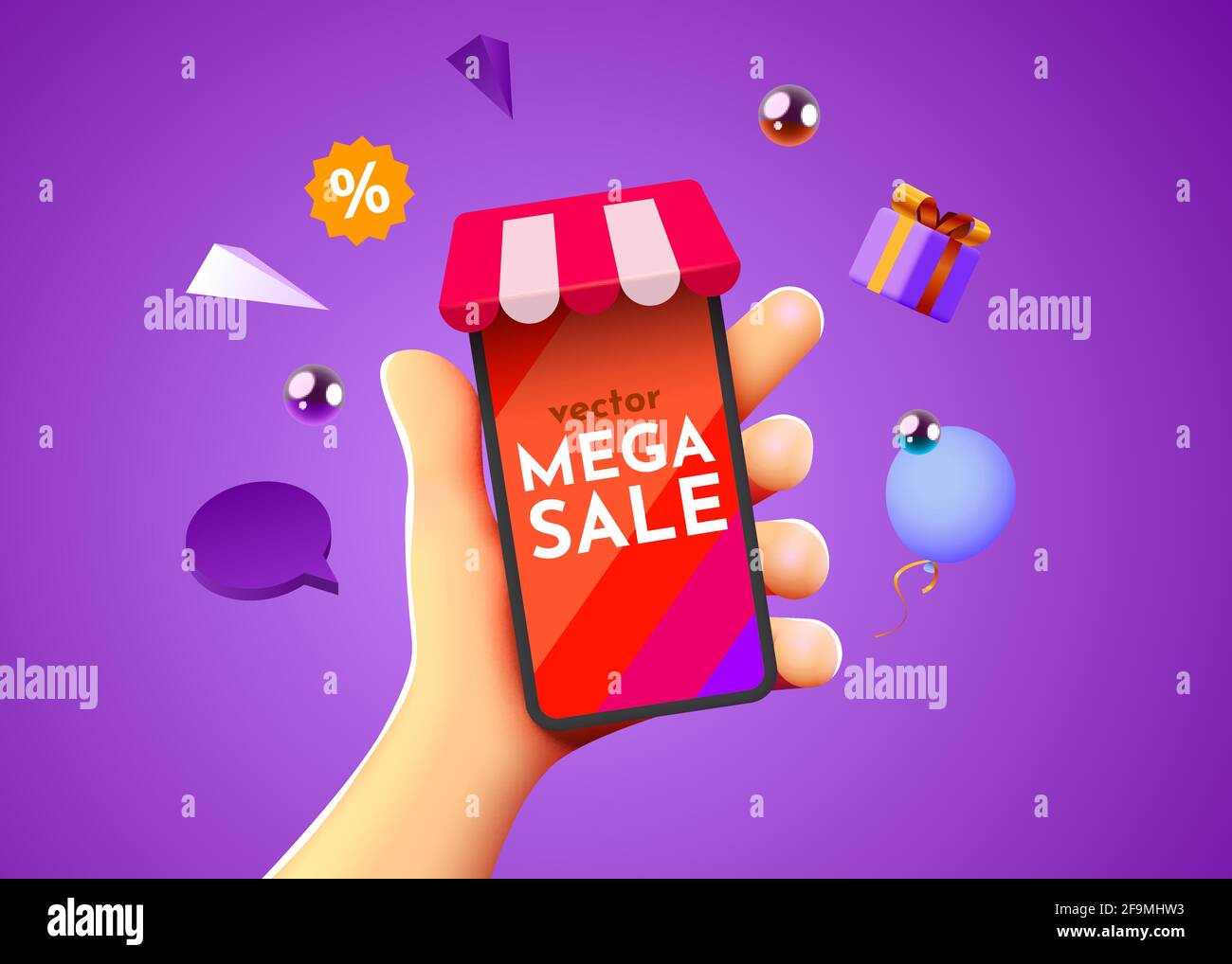 Mega sale mockup. Hand holding mobile smart phone with shopp app ...