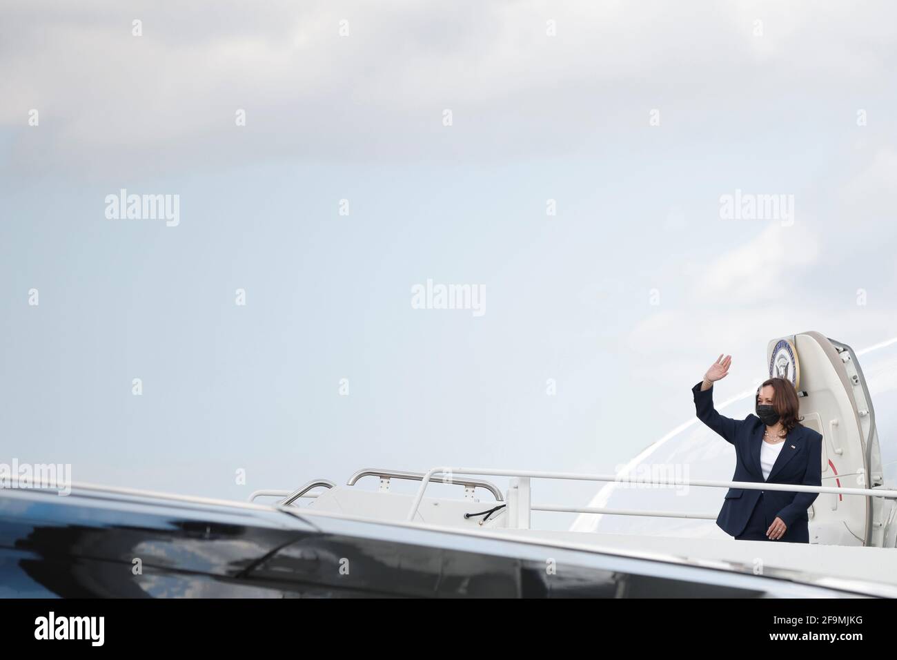 U.S. Vice President Kamala Harris boards Air Force Two at Piedmont Triad International Airport in Greensboro, North Carolina, U.S., April 19, 2021. REUTERS/Tom Brenner Stock Photo