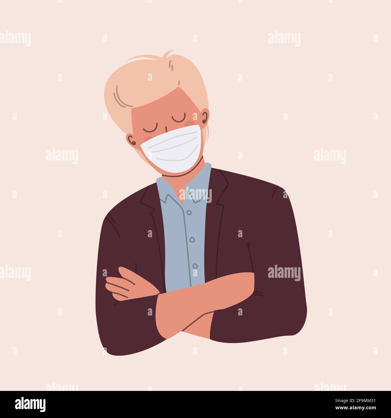 Young blond man in a protective mask. Happy guy uses a medical face mask. Illustration for an avatar in pastel colors. Stock Vector