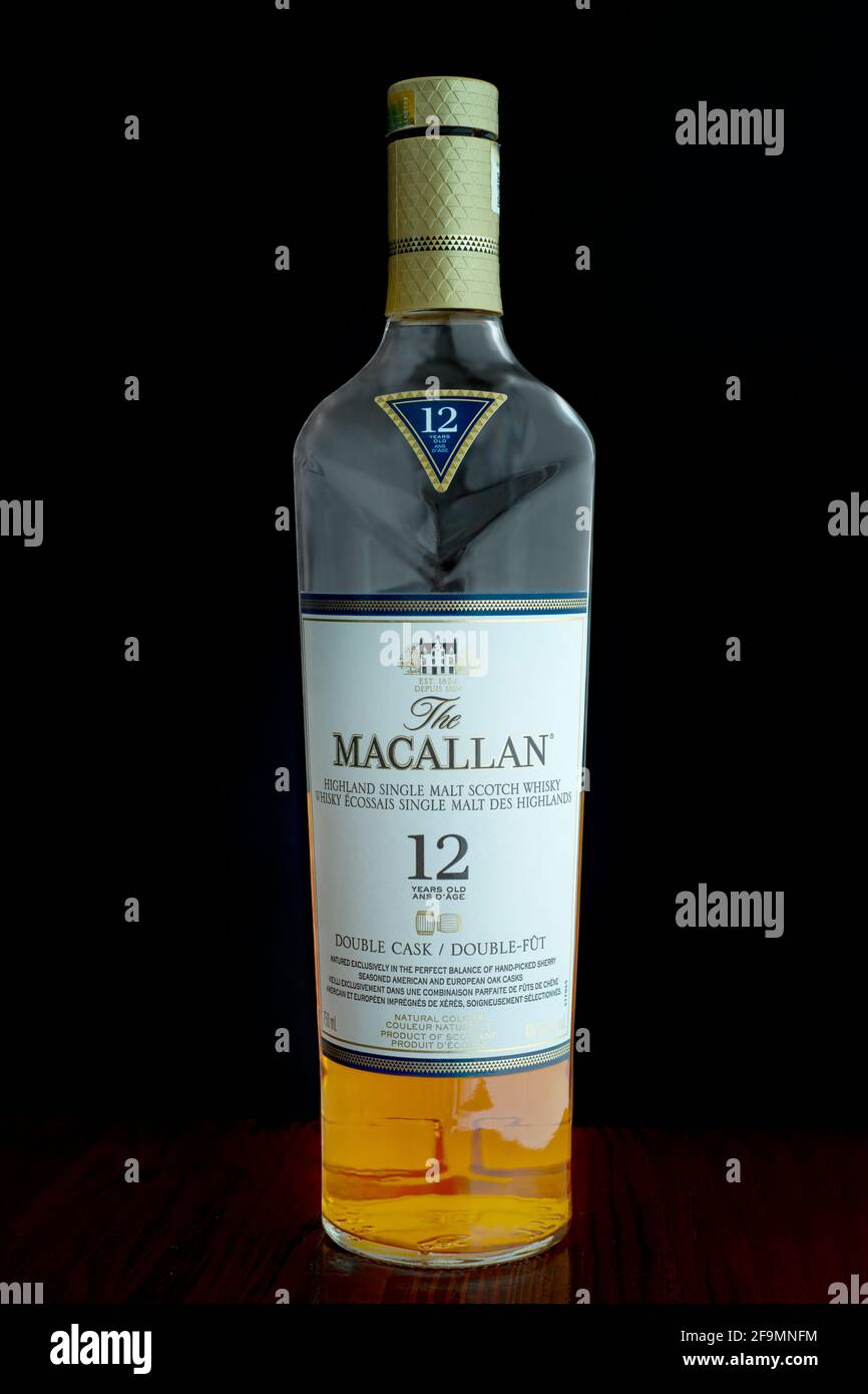 TORONTO, CANADA – January 26, 2021: The Macallan Double Cask 12 Years Old is popular American whiskey. Stock Photo