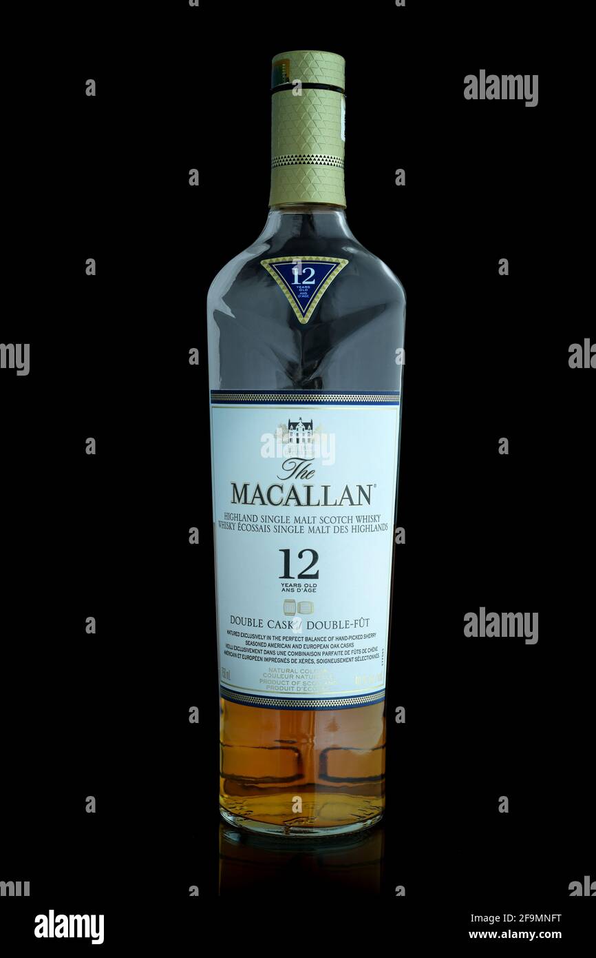 TORONTO, CANADA – February 09, 2021: The Macallan Double Cask 12 Years Old is popular American whiskey. Stock Photo