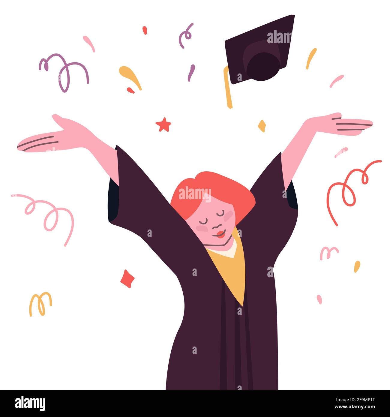 University graduate with a diploma in his hands. Happy girl in the gown and cap of the graduate. Stock Vector