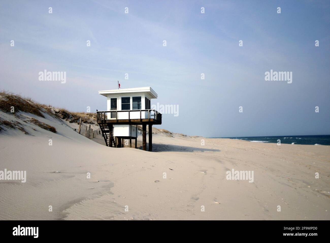 Summer is coming, lifeguard shed stands at the ready for thousands to visit the New Jersey shore, Island Beach State Park, USA Stock Photo