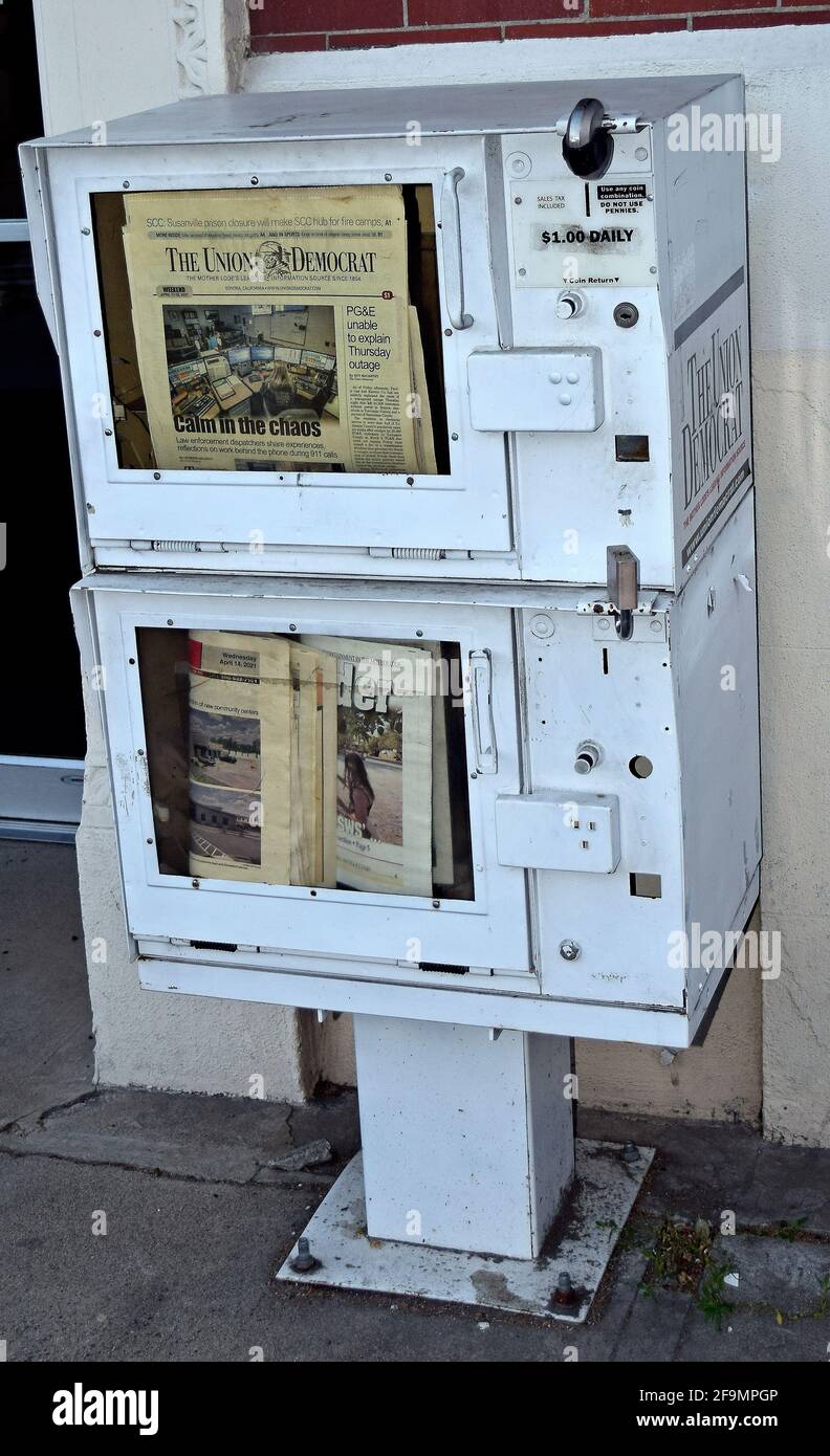 The Union Democrat paper in a newspaper box in Sonora, California Stock Photo