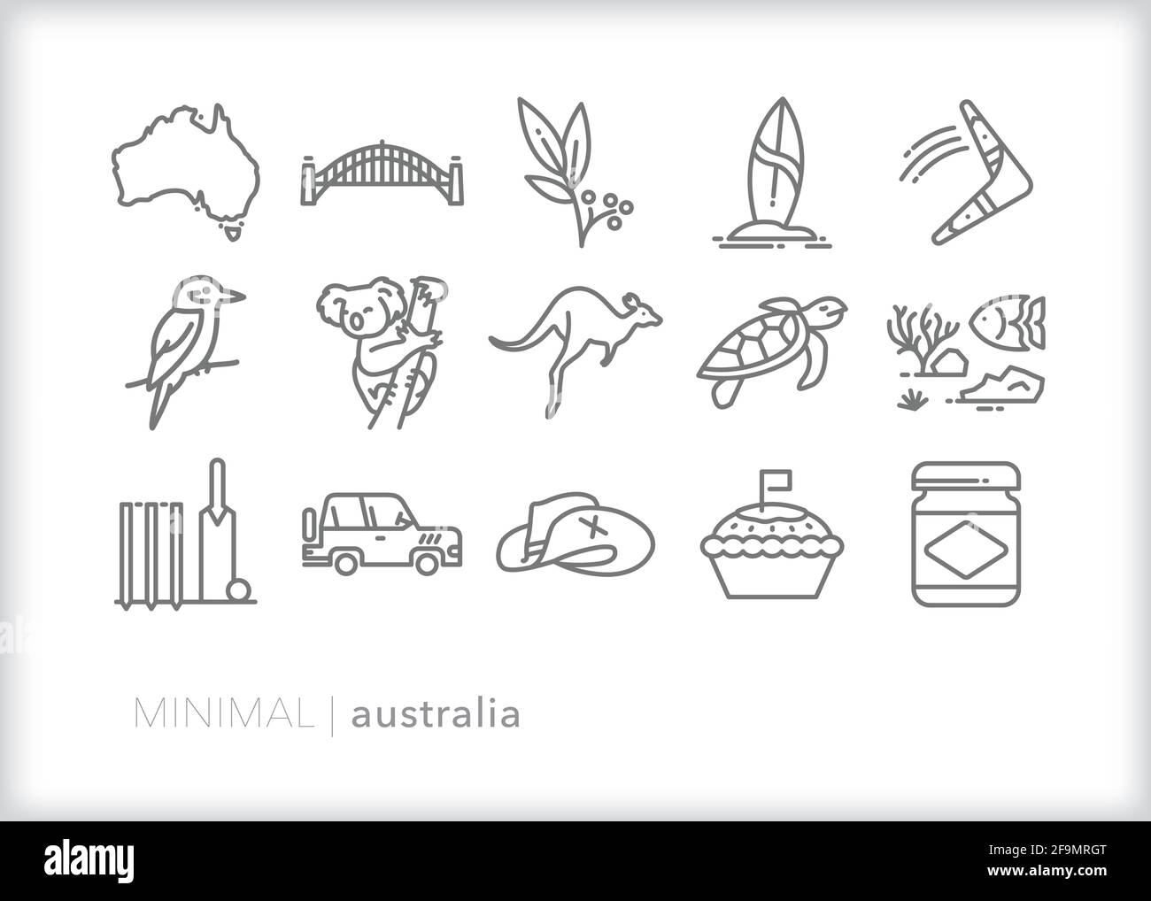 Australia line icon set of places, things and nature a tourist would see when traveling down under Stock Vector