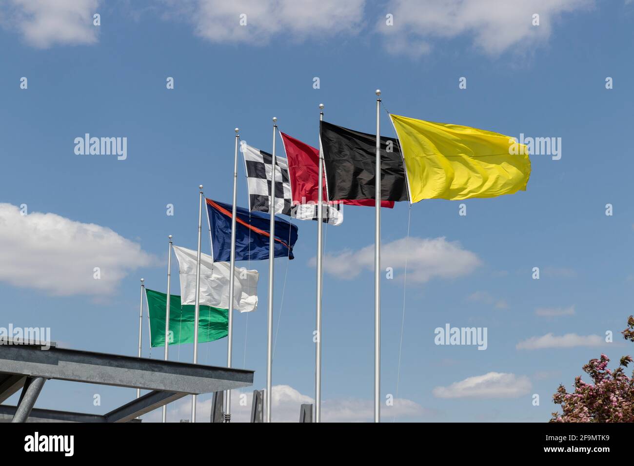 Indianapolis Circa April 2021 The seven racing flags at Indianapolis Motor Speedway. IMS is