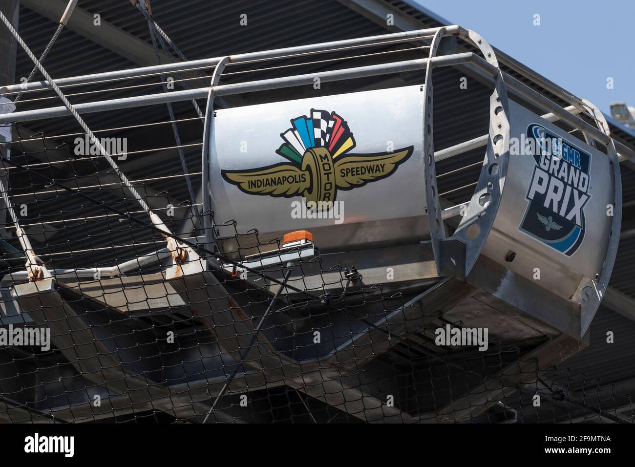 Indianapolis - Circa April 2021: Indianapolis Motor Speedway flag stand at the Start-Finish line. IMS is preparing for the Indy 500 and Brickyard 400 Stock Photo