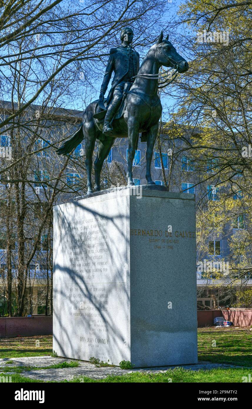 Washington, DC - Apr 3, 2021: Equestrian statue of Bernardo de Galvez in the Foggy Bottom neighborhood of Washington, DC. Stock Photo