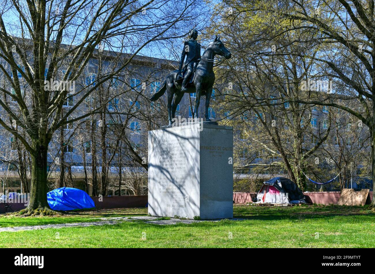 Washington, DC - Apr 3, 2021: Equestrian statue of Bernardo de Galvez in the Foggy Bottom neighborhood of Washington, DC. Stock Photo