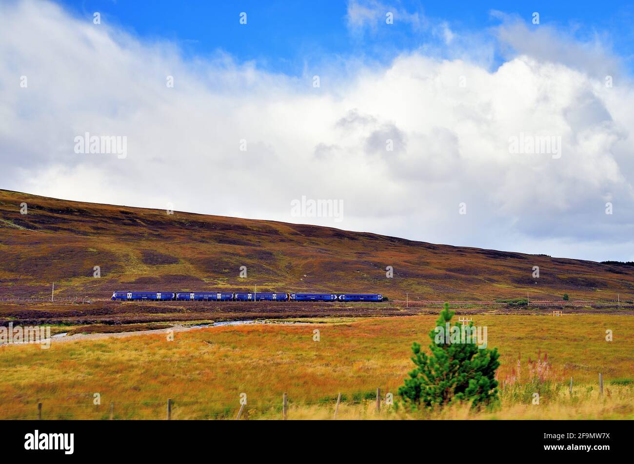 Blair Atholl, Perthshire, Scotland, United Kingdom. A ScotRail passenger train passing through Glen Garry and along side River Garry. Stock Photo
