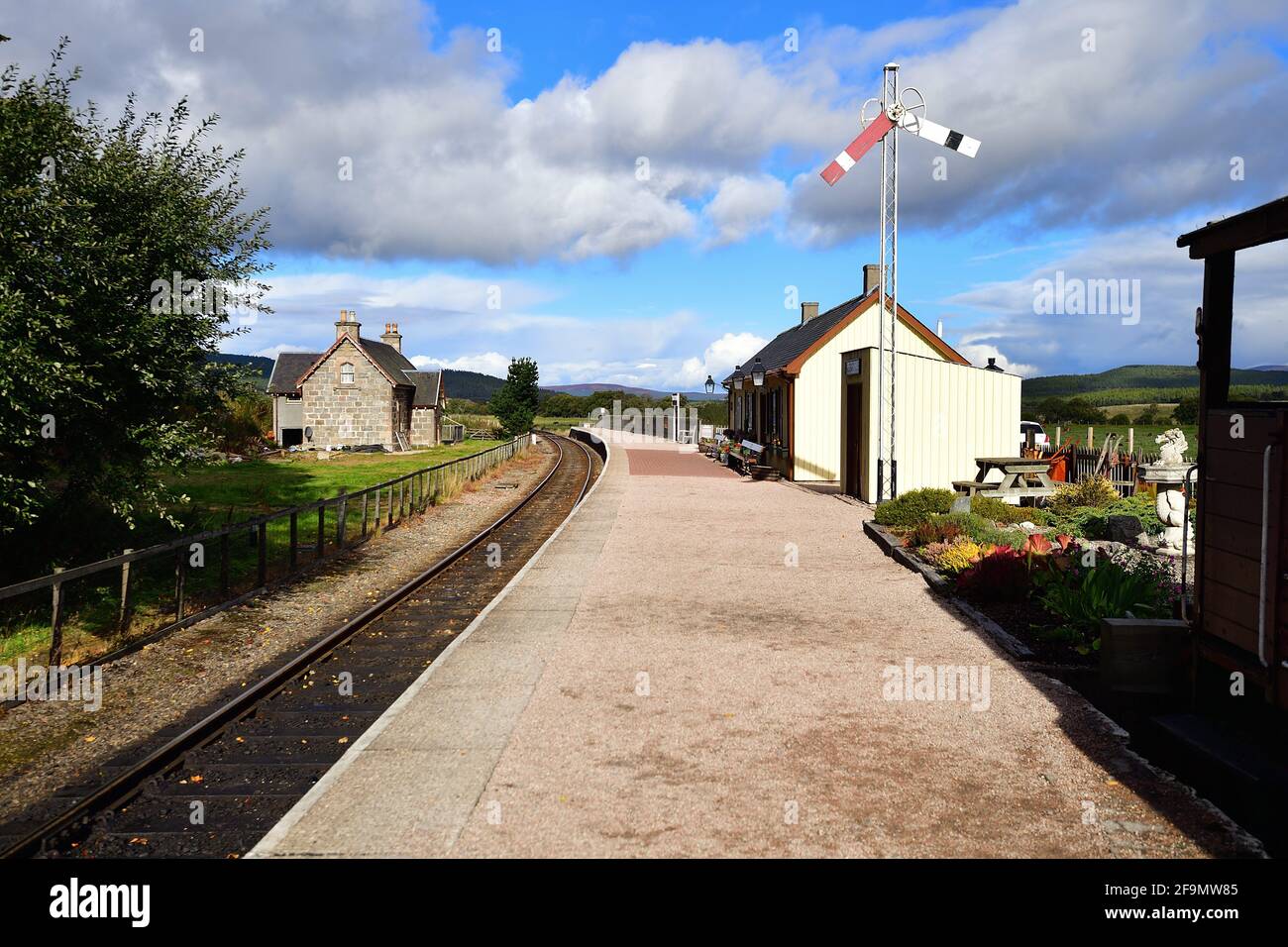 Broomhill, Scotland, United Kingdom. The railroad station and platform at Broomhill, served by the Strathspey Railway. Stock Photo
