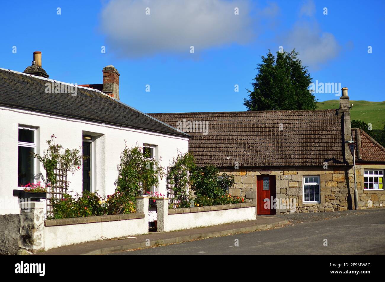 Saline, Fife, Scotland, United Kingdom. Tidy houses and street in the small village of Saline, Scotland on a sunny early autumn day. Stock Photo