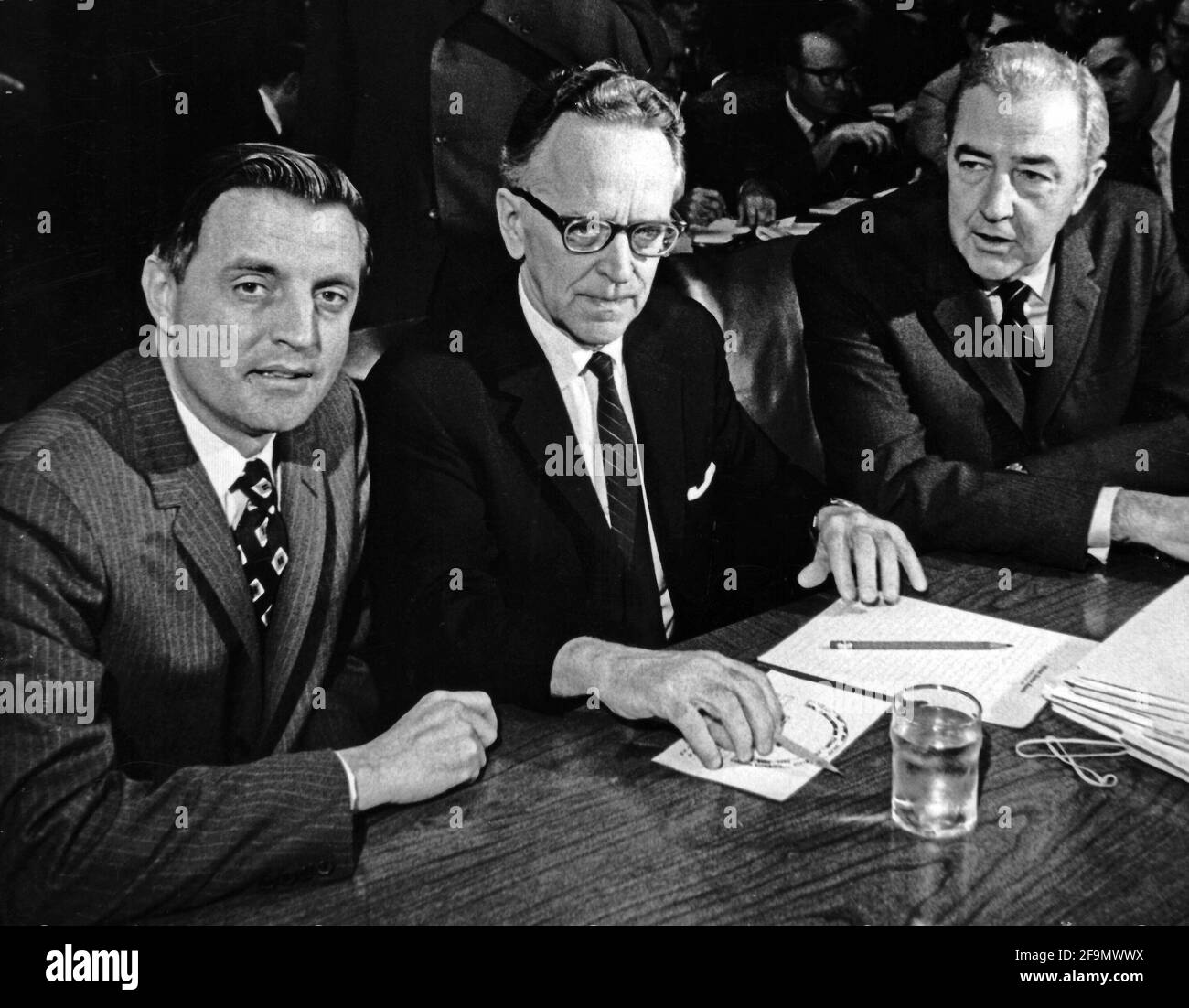 **FILE PHOTO** Walter Mondale Has Passed Away. Harry A. Blackmun, center, United States President Richard M. Nixon's third nominee to be Associate Justice of the U.S. Supreme Court following the resignation of Associate Justice Abe Fortas is shown as he prepares to be introduced to testify before the U.S. Senate Judiciary committee on Wednesday, April 29, 1970. At left is U.S. Senator Walter Mondale (Democrat of Minnesota), left, and U.S. Senator Eugene McCarthy (Democrat of Minnesota), right. Blackmun was confirmed by the Senate on May 12, 1970 and served until his resignation on August 3, Stock Photo