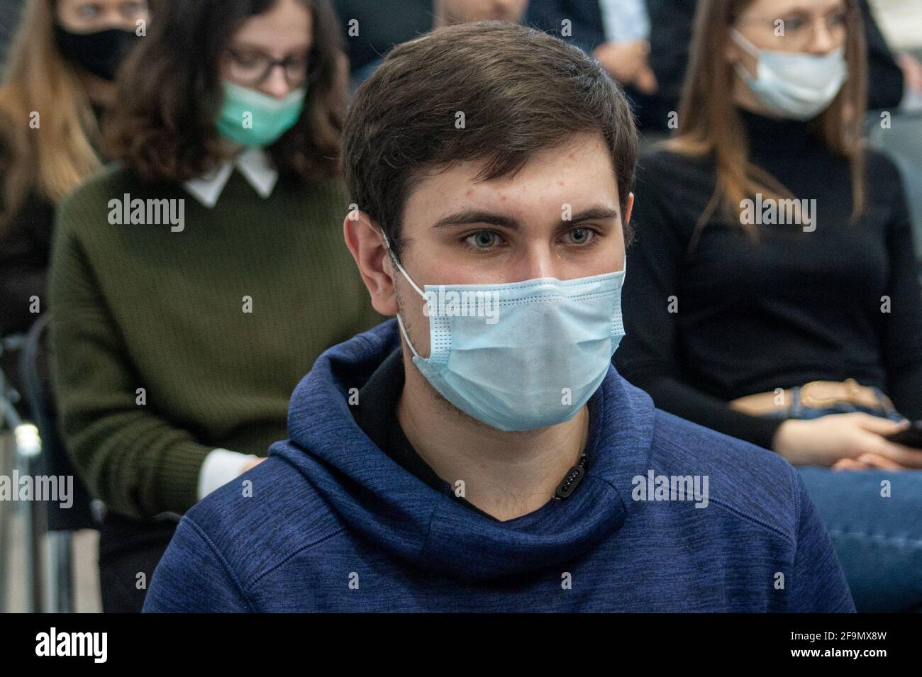 Tambov, Russia. 19th Apr, 2021. Students wearing face masks attend a lecture on digitalization. A lecture who teaching students on the topic of digitalization was held at the Boiling Point Training Center in Tambov. (Photo by Lev Vlasov/SOPA Images/Sipa USA) Credit: Sipa USA/Alamy Live News Stock Photo