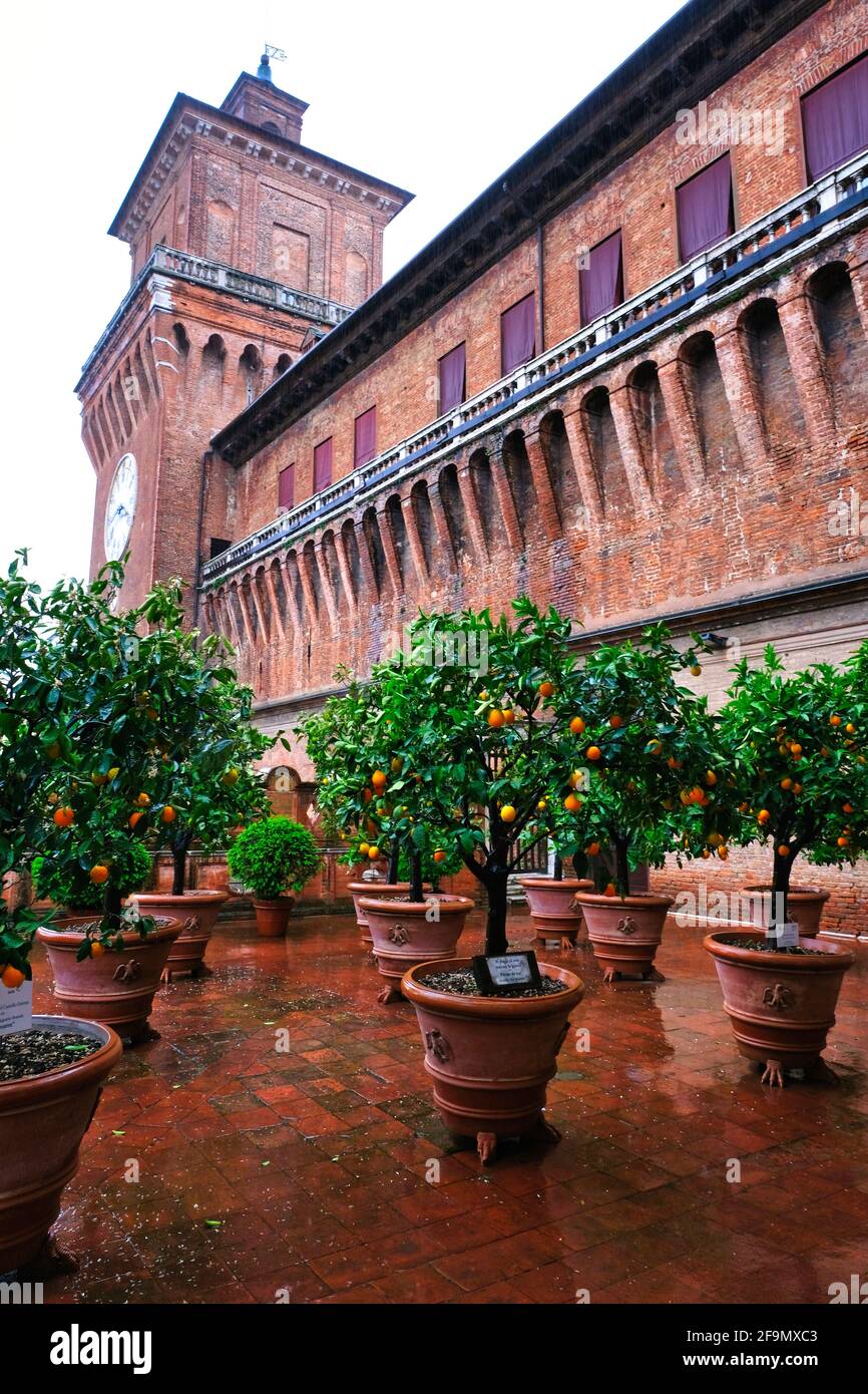 The garden and loggia of the oranges in the Castle Estense in Ferrara Italy Stock Photo