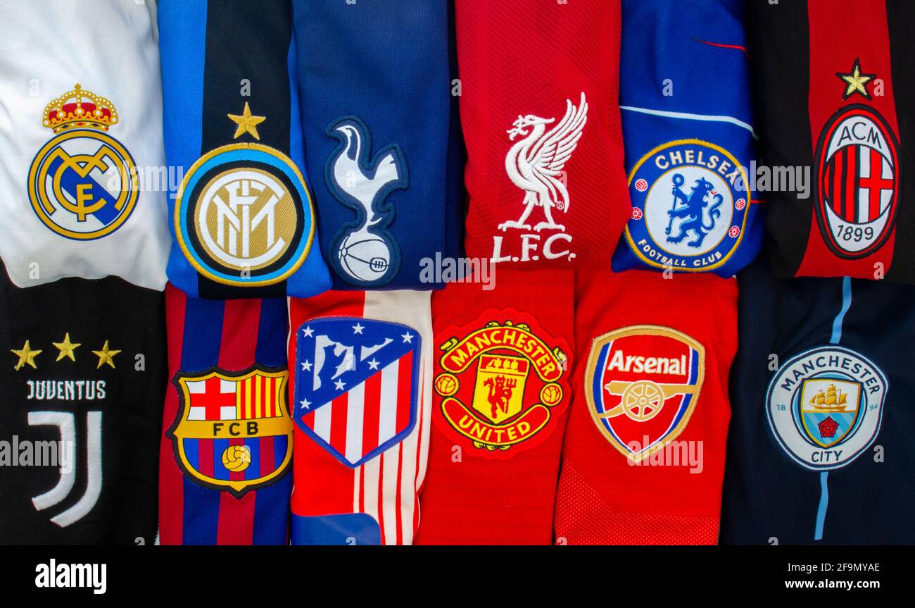 Chamartín, Madrid, Spain. April 19, 2021. Horizontal view of The Super League or European Super League teams jerseys. annual club football competition Stock Photo