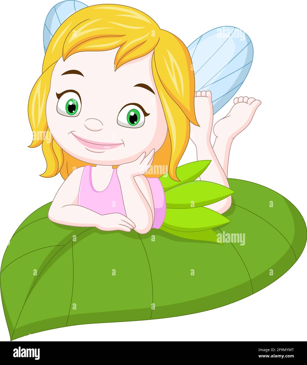 Cartoon funny little fairy on green leaf Stock Vector