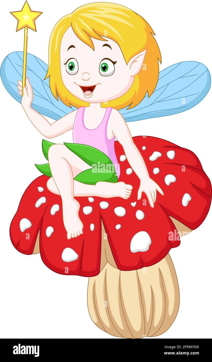 Cartoon little fairy sitting on a mushroom Stock Vector Image & Art - Alamy